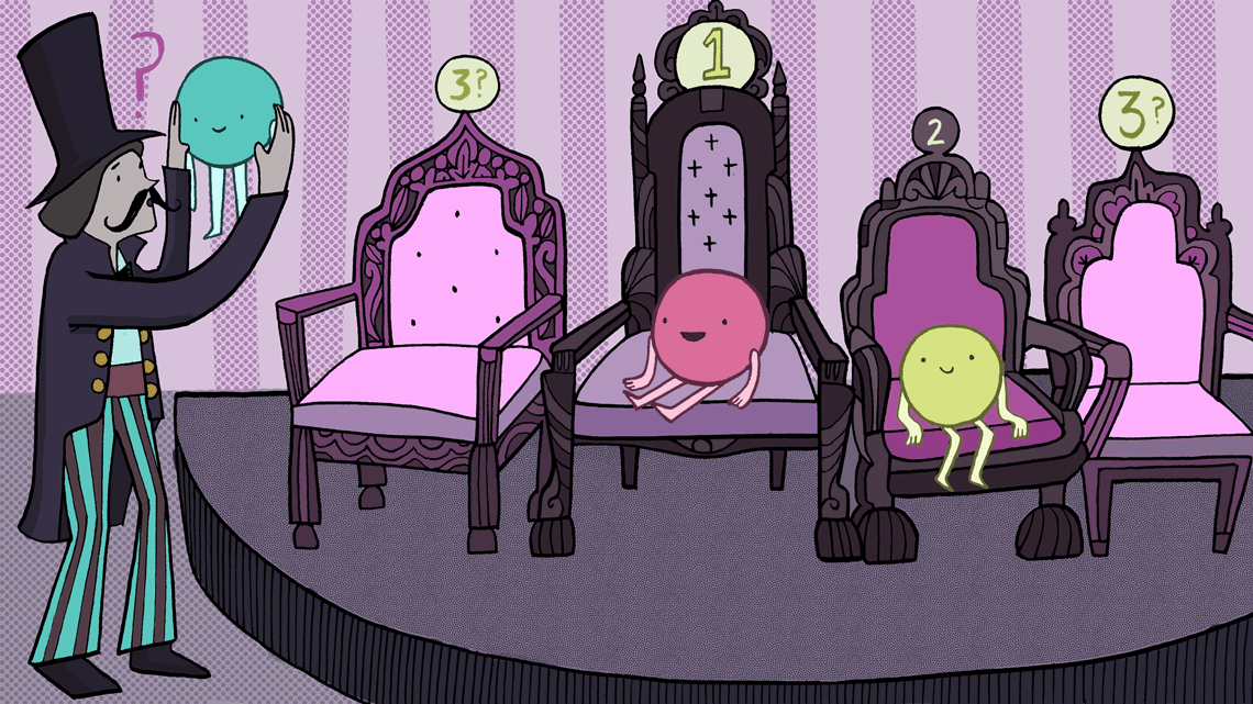Cartoon neutrinos sit on different height chairs